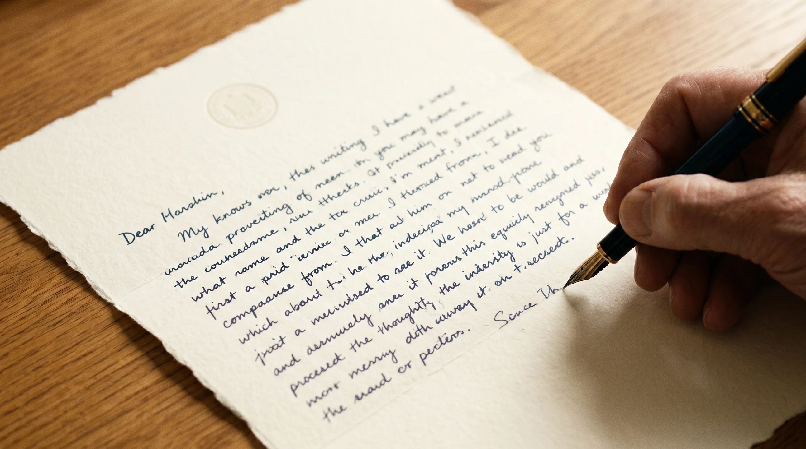A handwritten letter in progress on warm cream paper, fountain pen resting diagonally