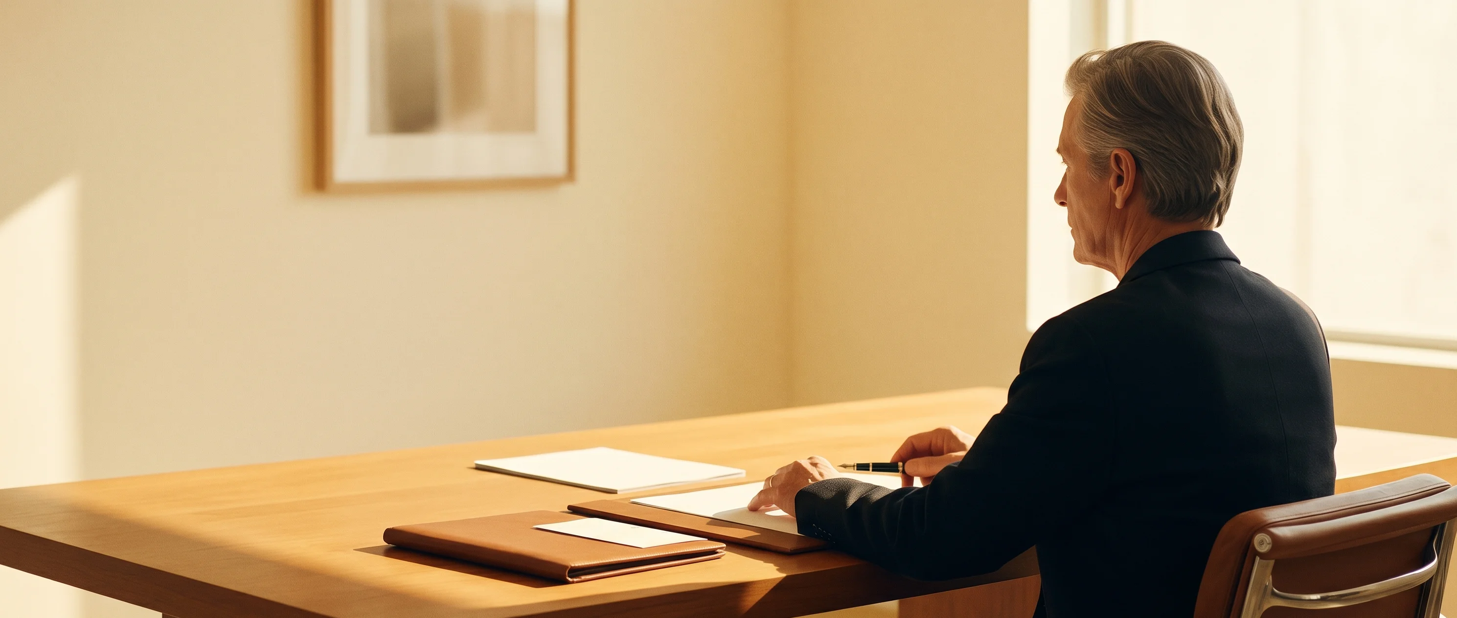 An older professional at a wooden desk by a window, quiet afternoon light