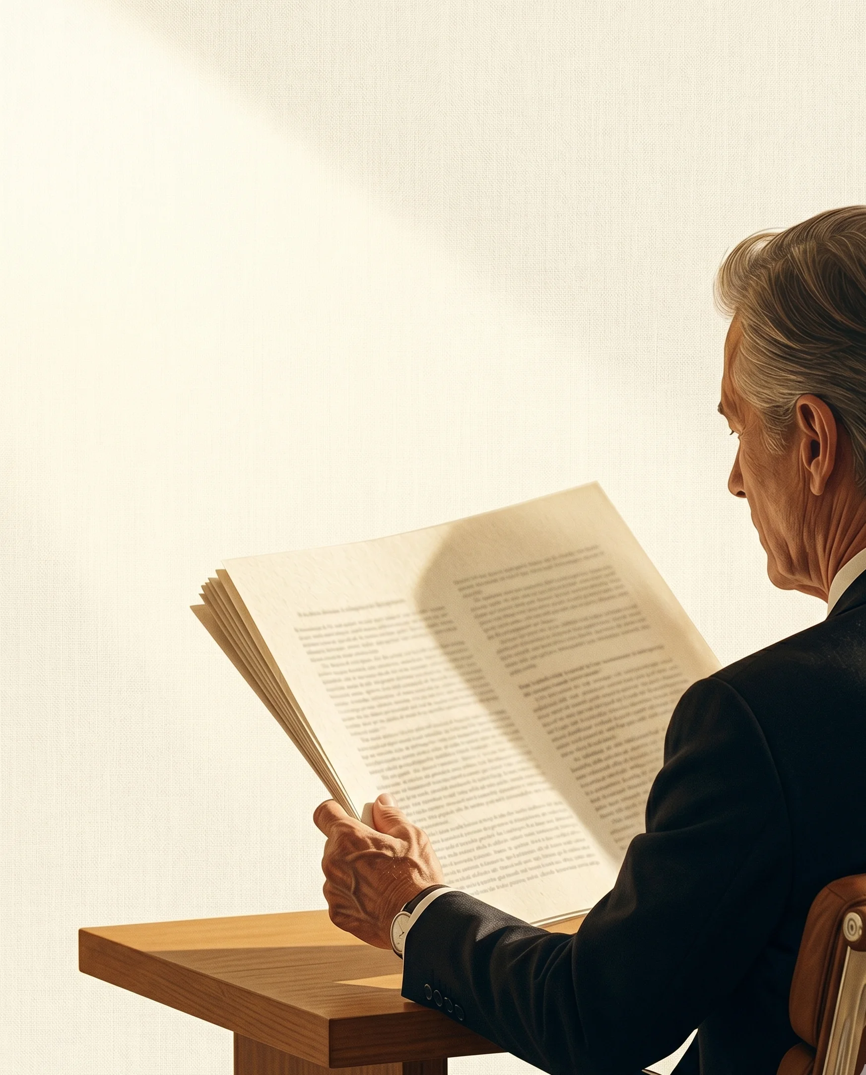 A hand holding the corner of a thick sheaf of cream printed pages, warm natural light
